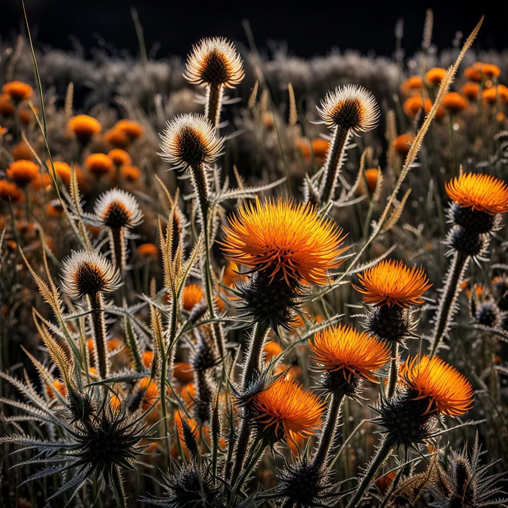 Dark Botanical Meadow with Autumn Flowers