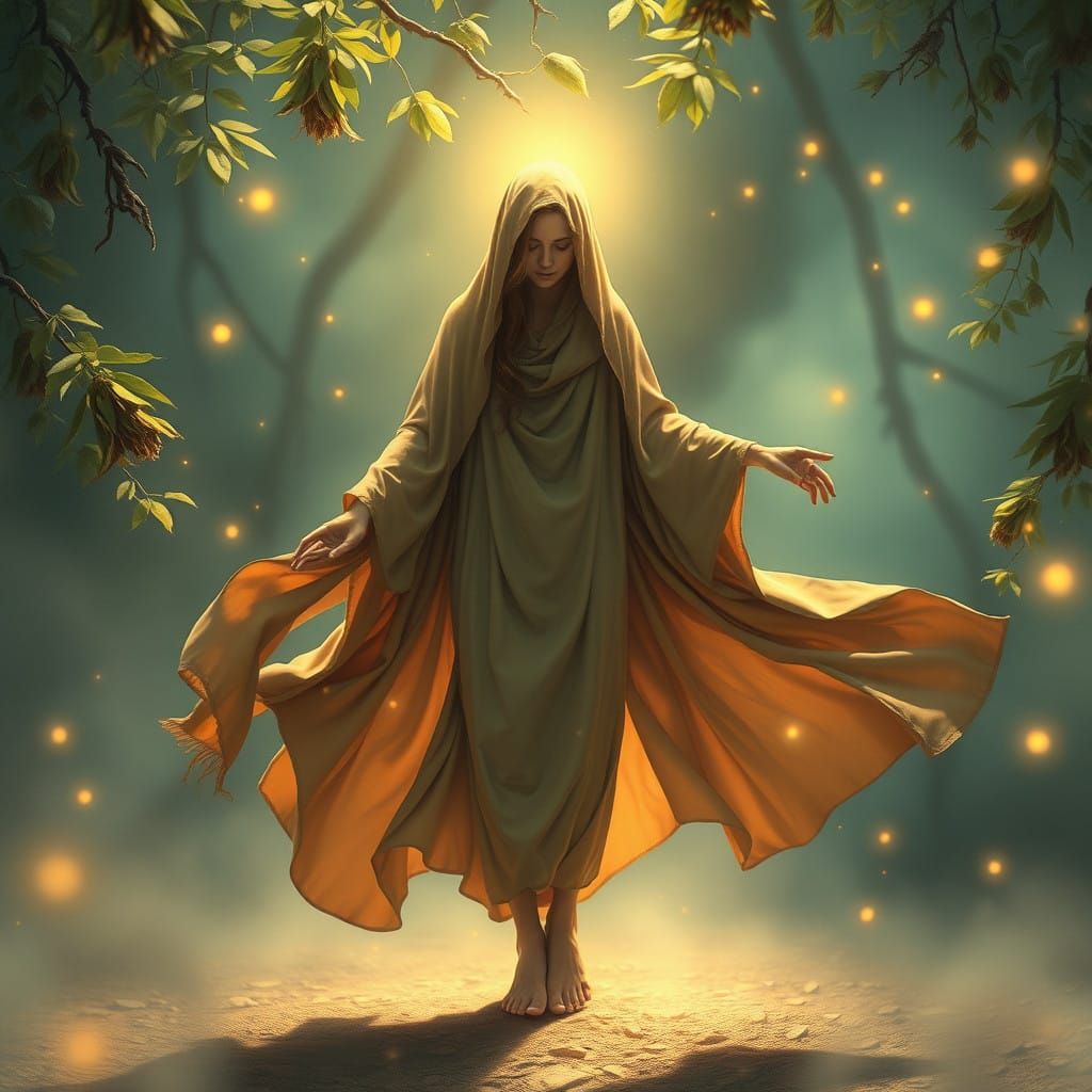 Serene Figure Embodies Gentle Balance in Ethereal Landscape