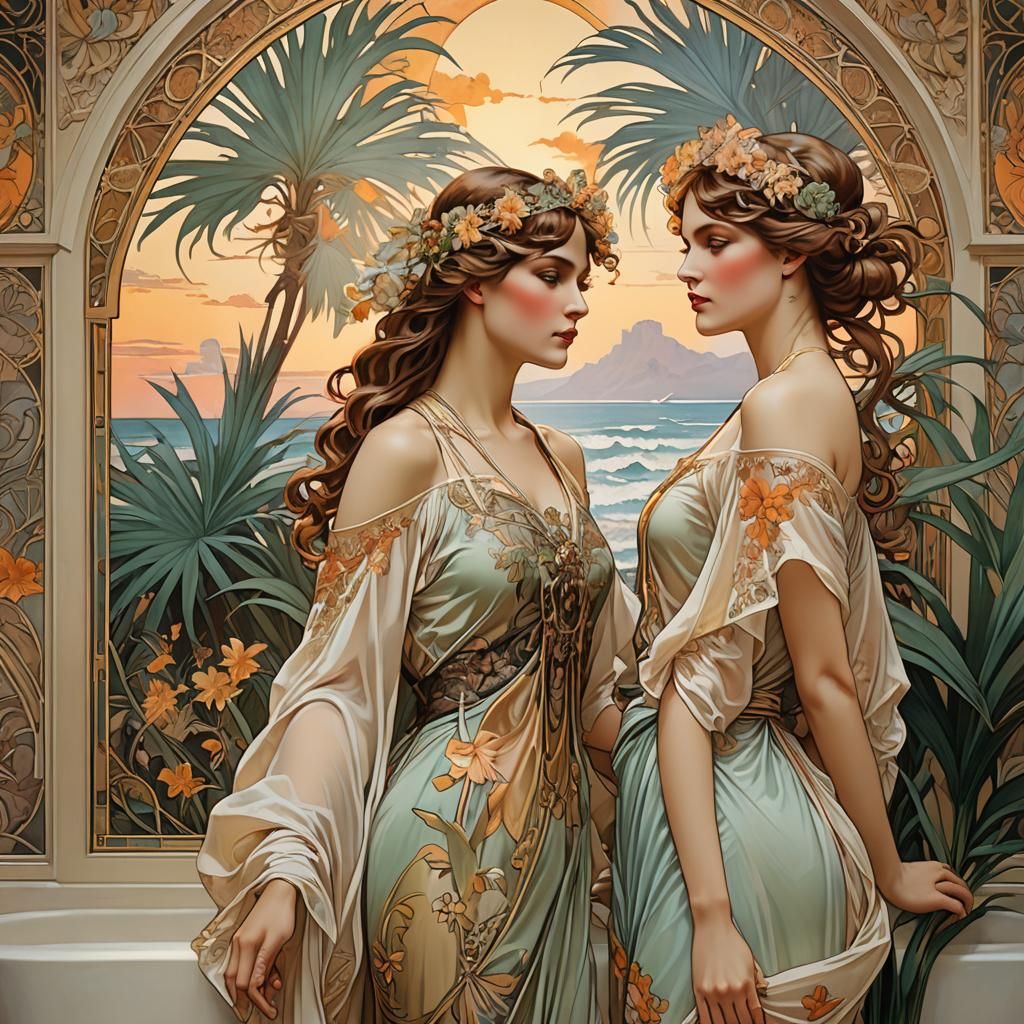 Art Nouveau Palm Beach Women at Sunrise