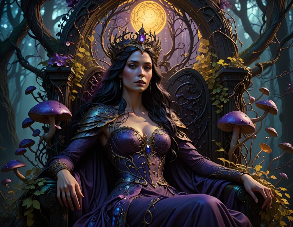 Enigmatic Queen in Rich, Dark Fantasy Landscape