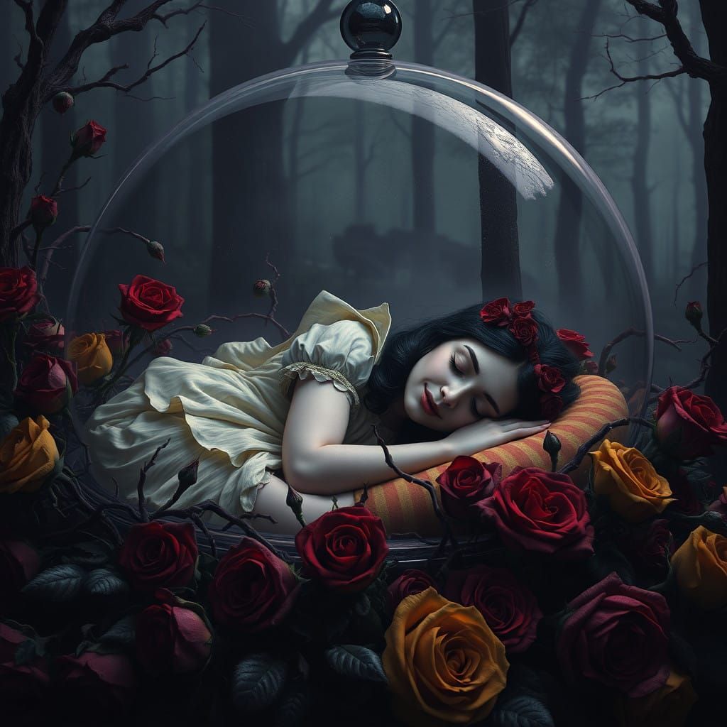 Snow White's Dark Slumber in Elegant Glass Chamber