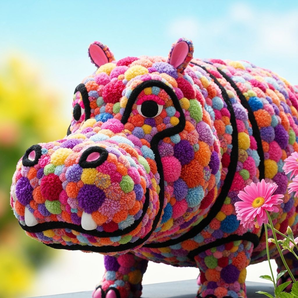 Colorful Pompom Hippo Sculpture in Whimsical Style