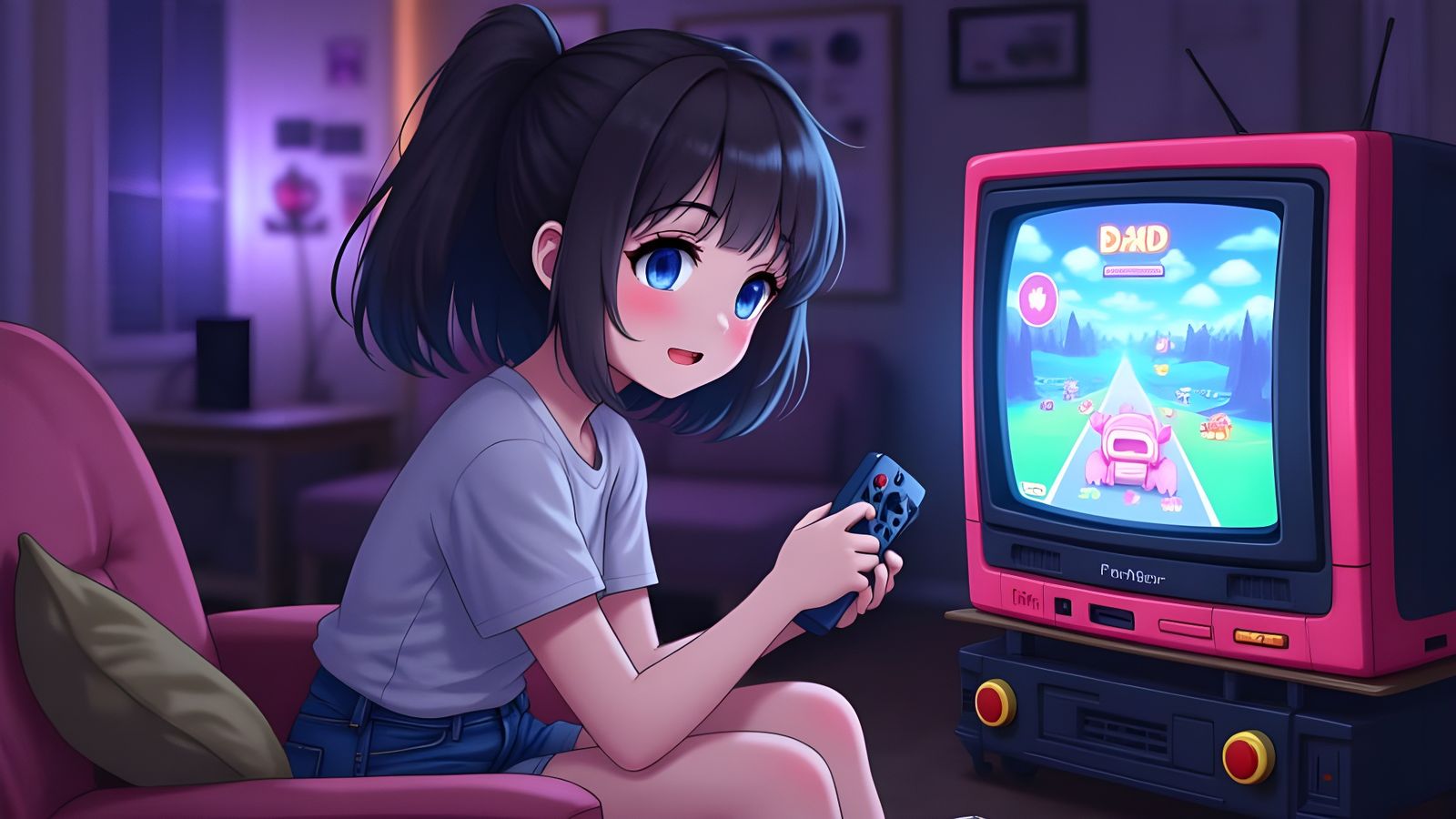 Anime Girl Plays Retro Games on Cathodic Screen