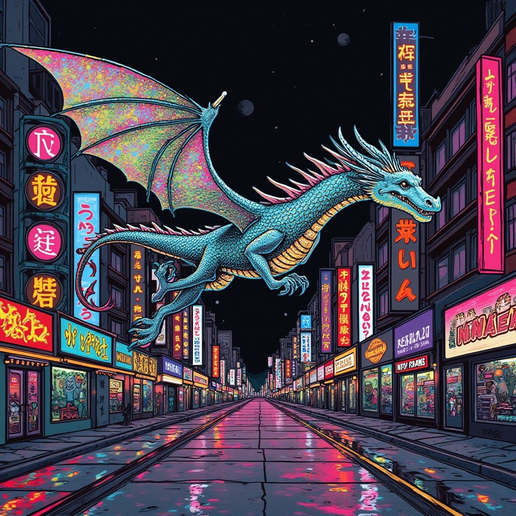 Celestial Dragon Soaring Through Neon Cityscape