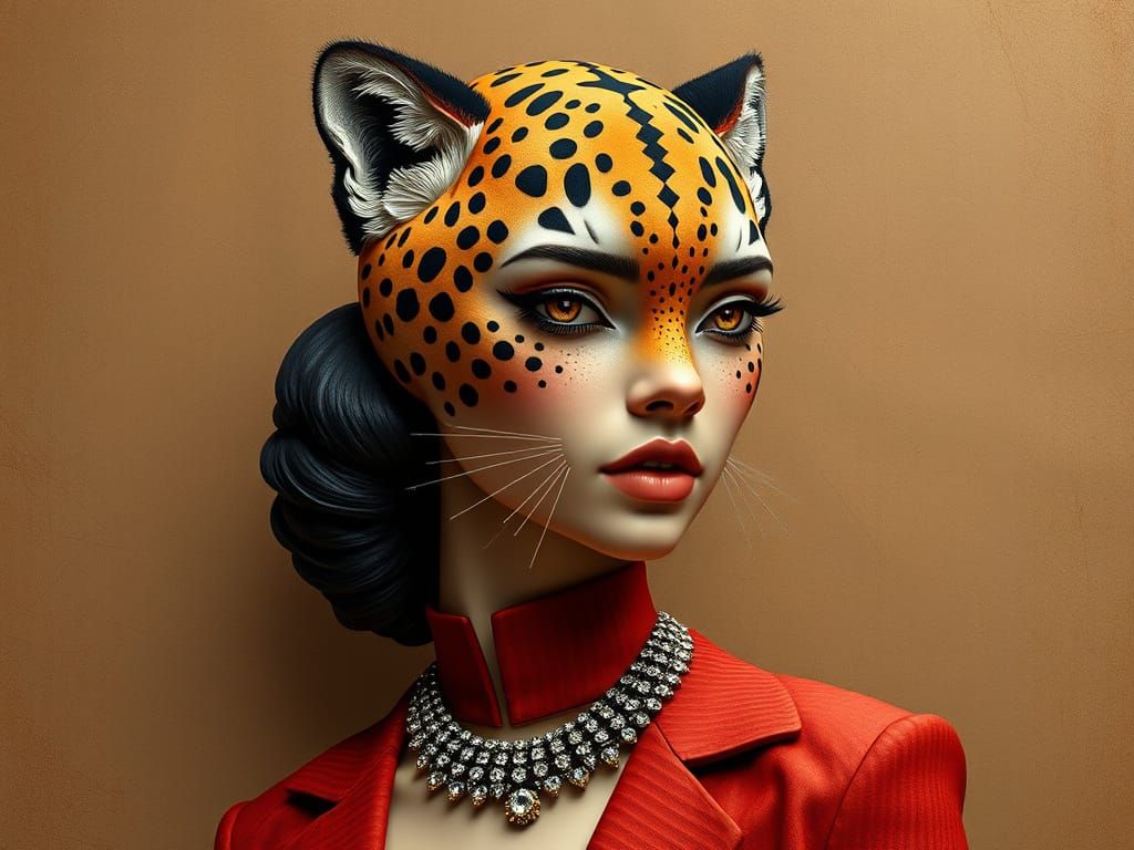 Elegant Panther Girl in Bas-Relief with Art Deco Patterns