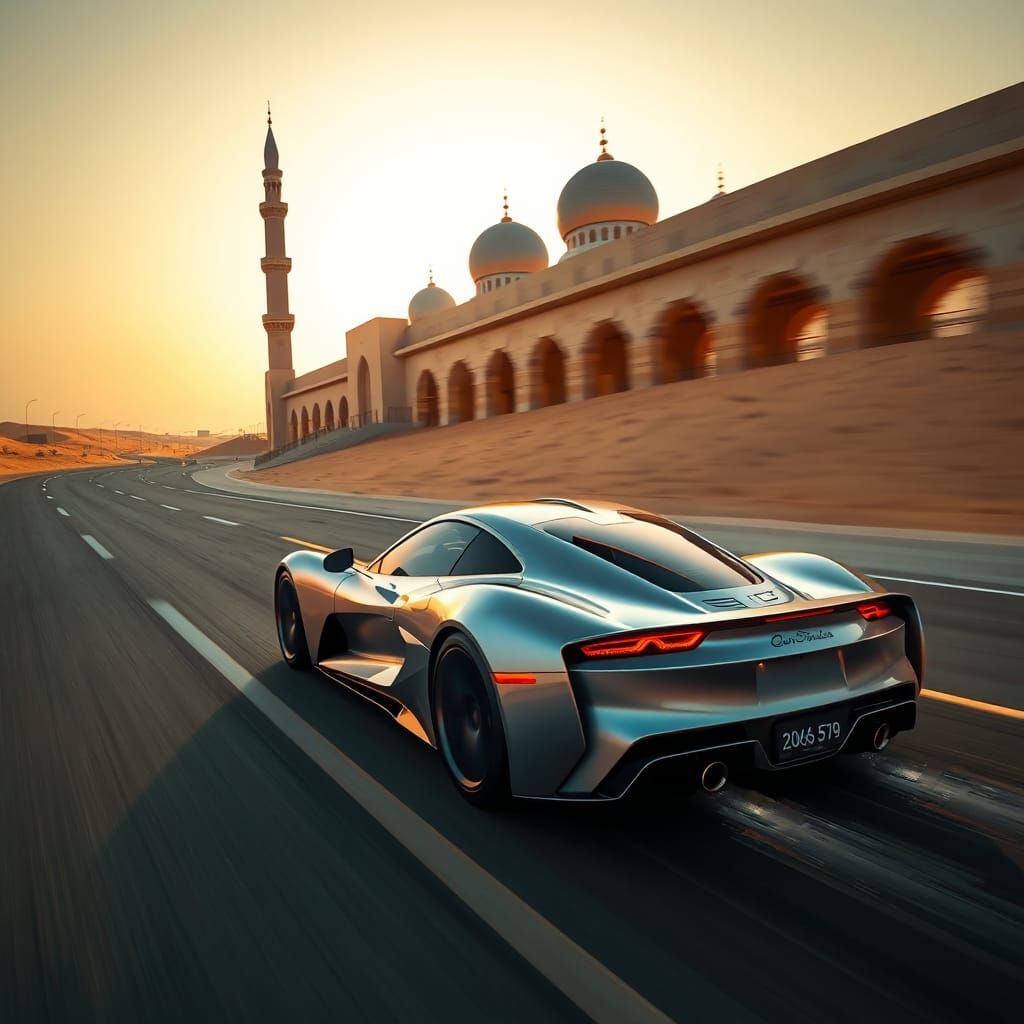 Silver Sports Car in Abu Dhabi, Inspired by Ash Thorp