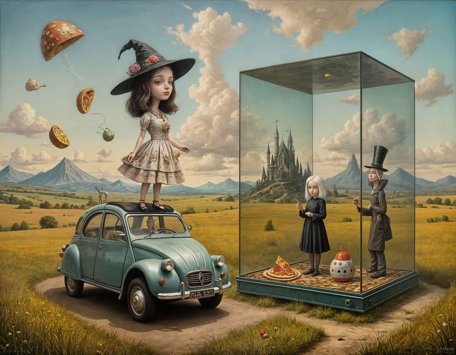 a surreal landscape, a large glazed glass cube within it, and the cube is filled with another surreal landscape. pop-sur...