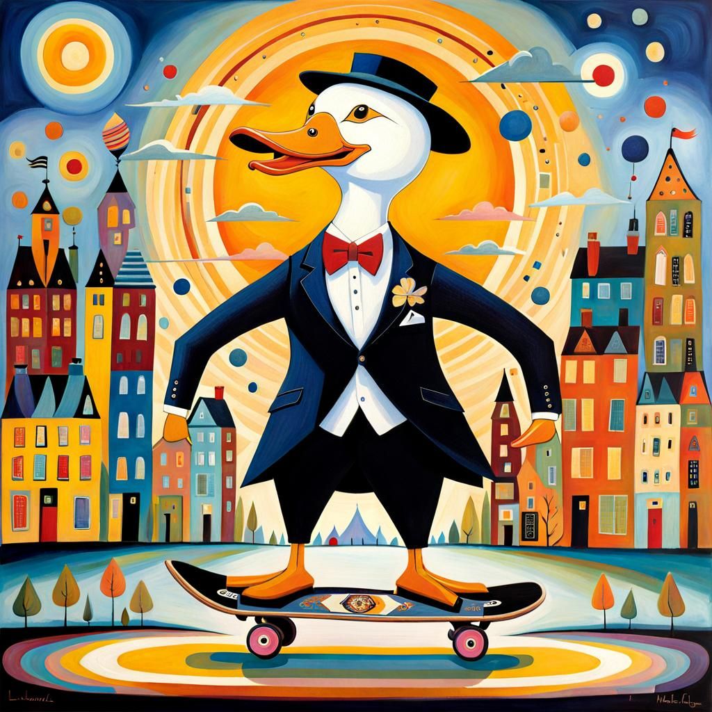 Whimsical Duck Skateboarder in Naive Folk Art Style