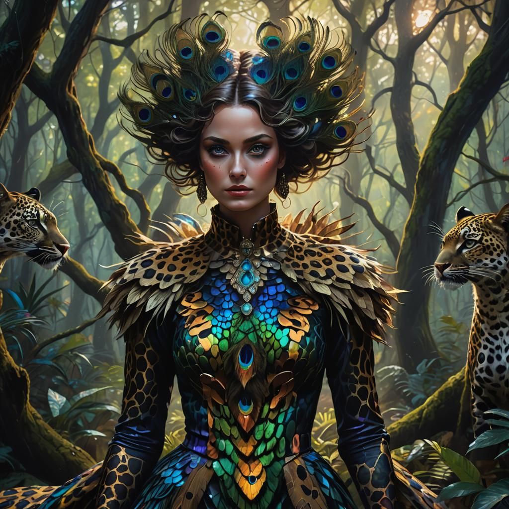Mystical Forest Sorceress with Peacock Hair: Digital Art