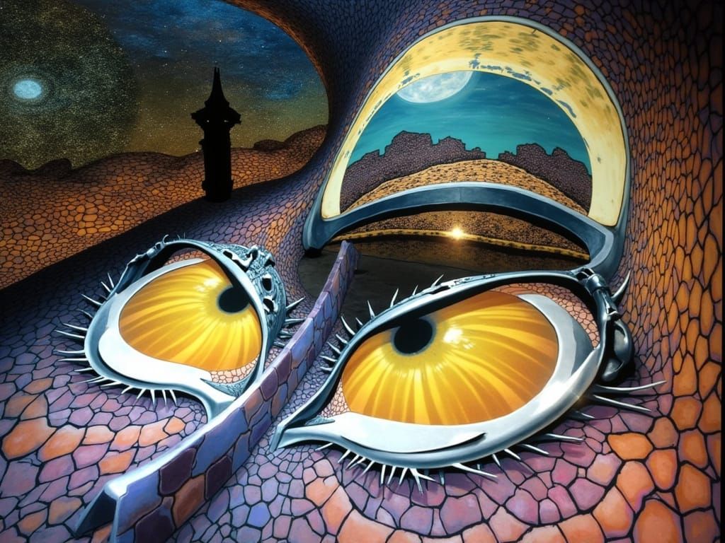 Götterdämmerung 3D broken jagged semiconductor wafer  couture  special eyes patterned reflections symbolic dreams and ne...