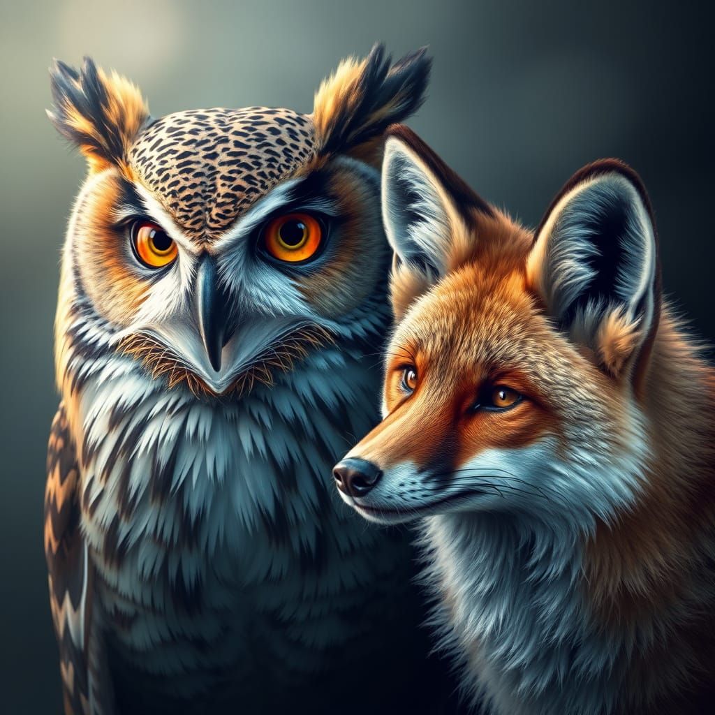 Realistic Owl and Fox Portrait