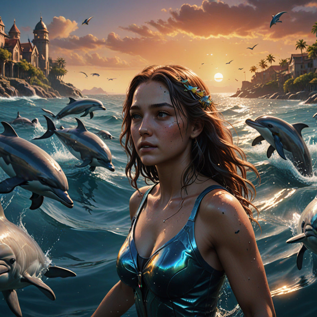 Surreal Sunset Swim with Dolphins in Vibrant Oil Painting St...