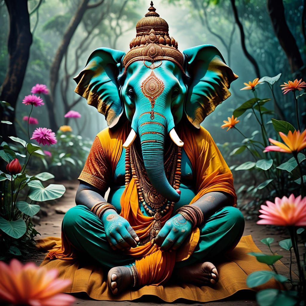 Turquoise Ganesh Statue in Indian Jungle