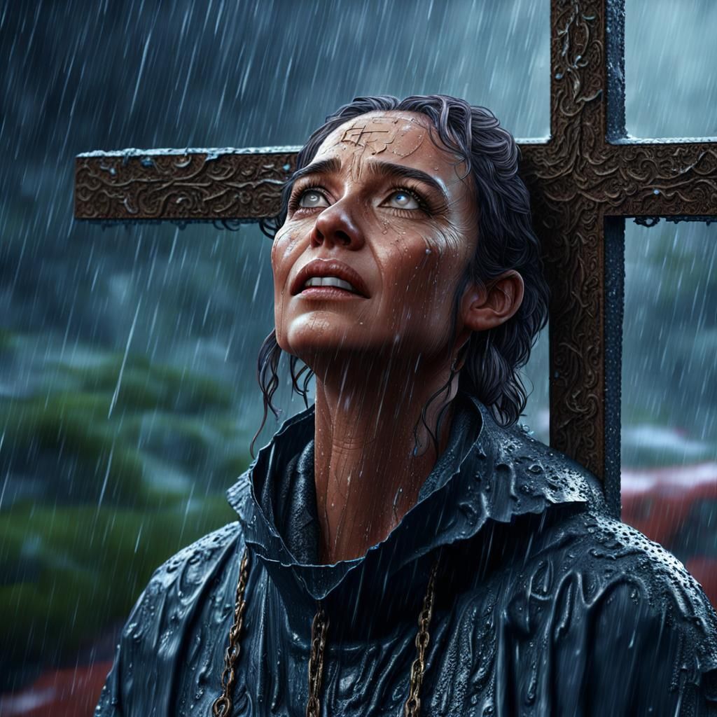 Woman Praising God in Rain: Realistic Detailed Rendering