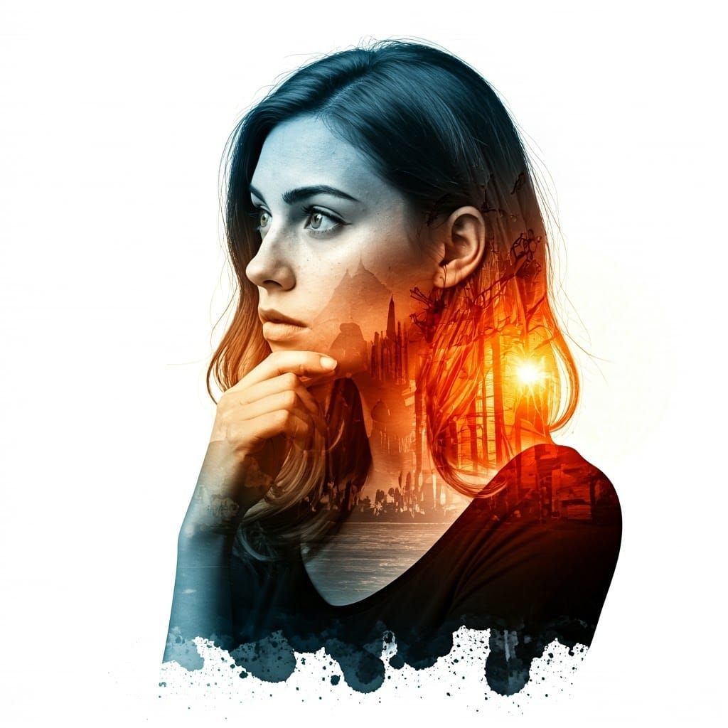 Luminous Double Exposure Portrait in Ink Splatter Style