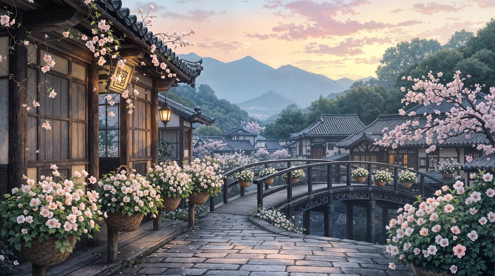 Serene Japanese Village Bridge at Dusk