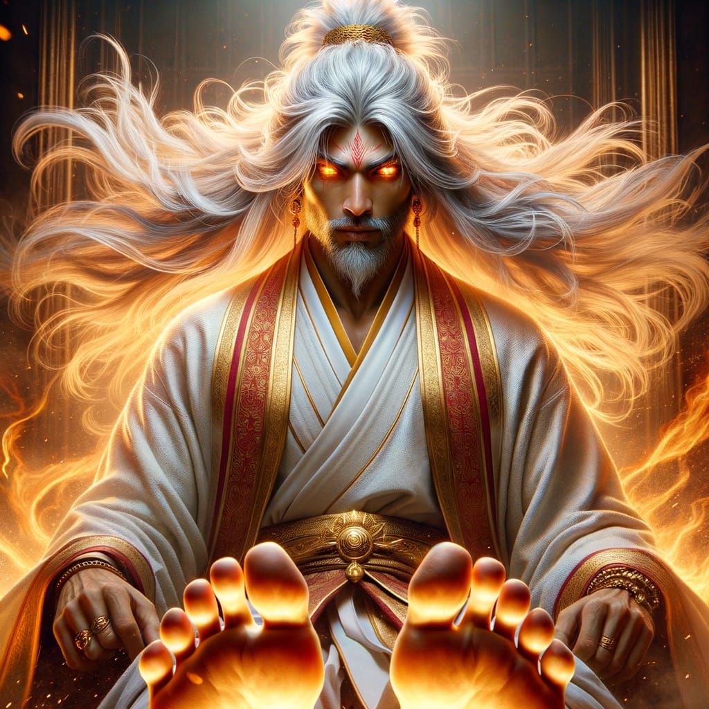 Epic Fantasy Lord with Blazing Eyes and Polished Bronze Feet