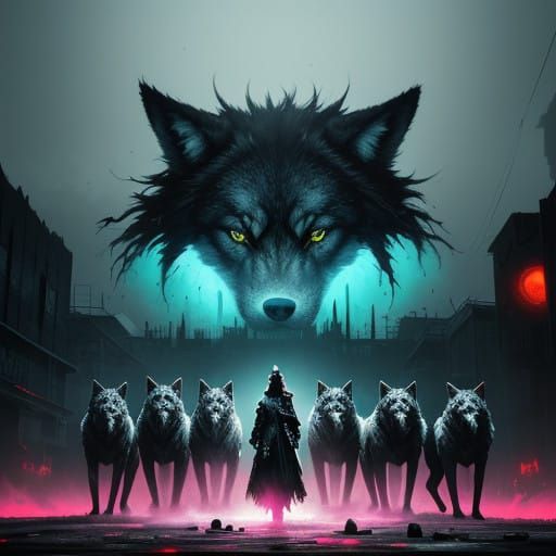 Surreal Woman Surrounded by Wolves Under Blood Moon in Graff...