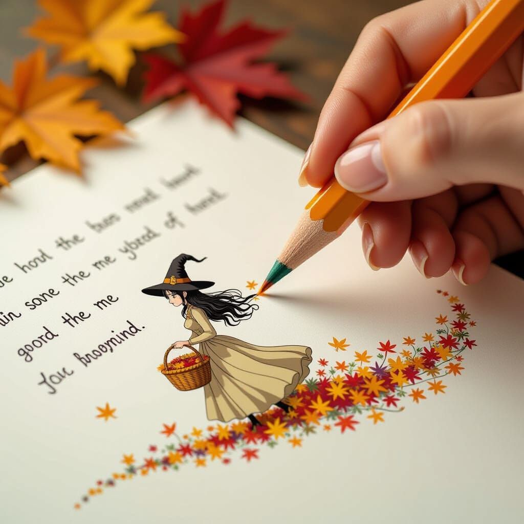 Macro Double Exposure: Pencil, Autumn Leaves, and Witch Illu...
