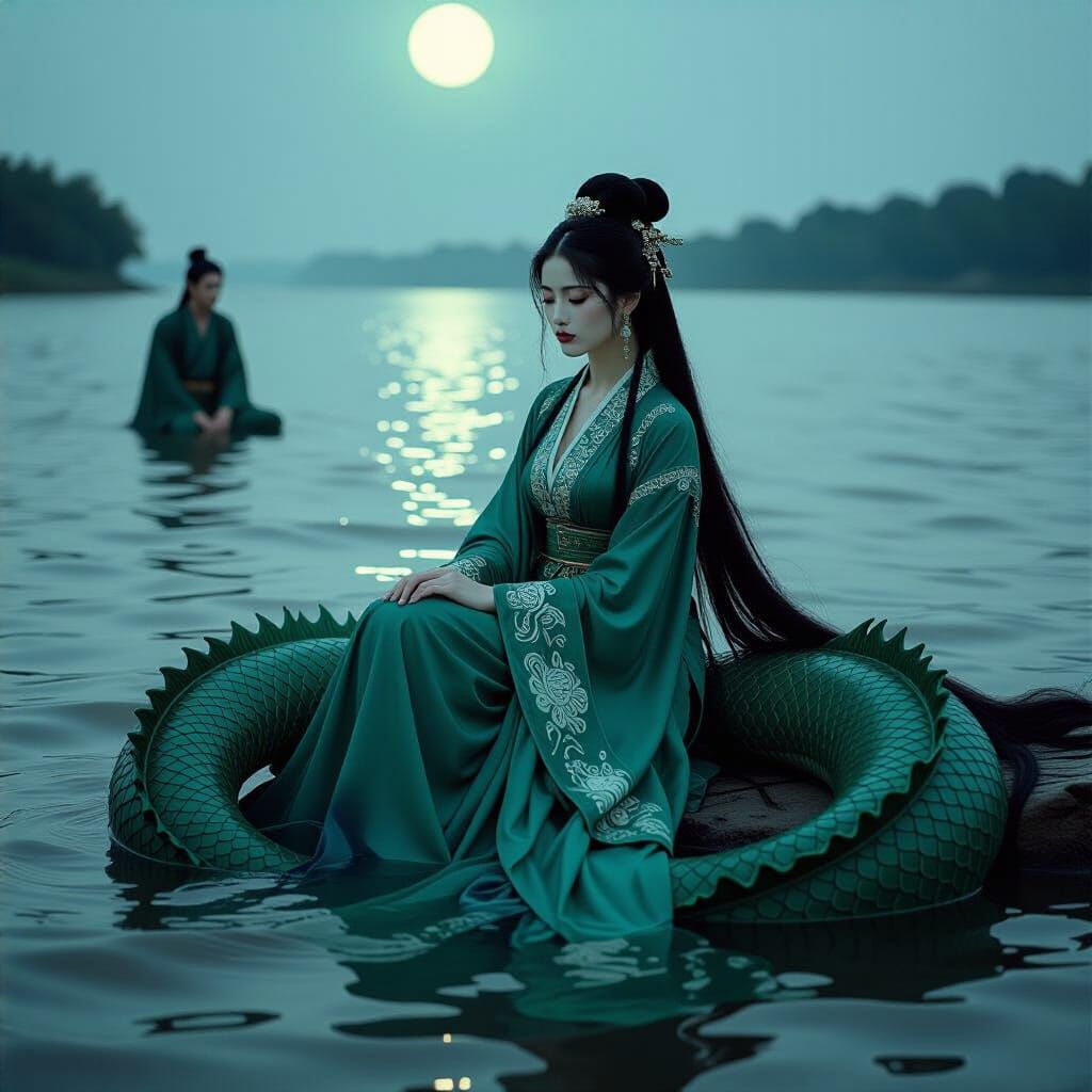 Sorrowful Woman and Sea Serpent in Pre-Raphaelite Style