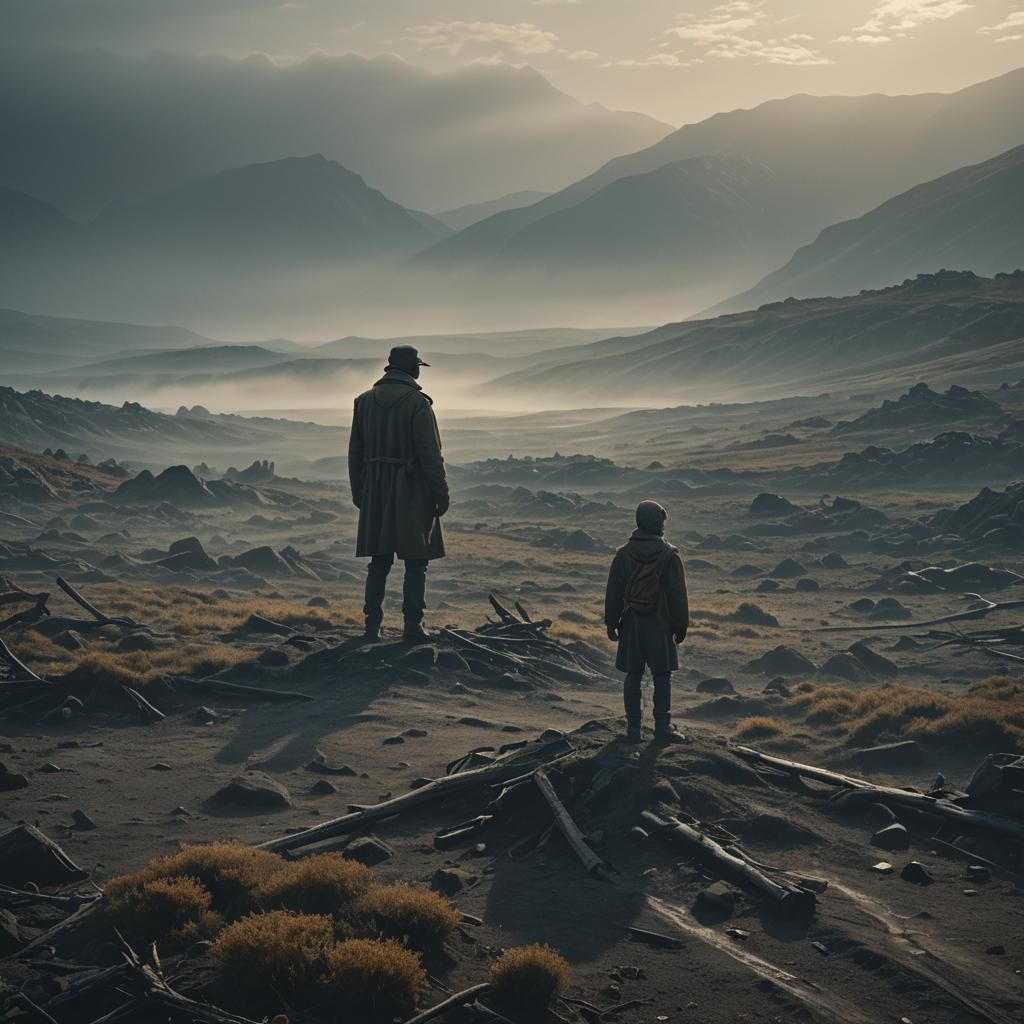 Desolate Figure in Misty Landscape: Cinematic HDR Photograph...