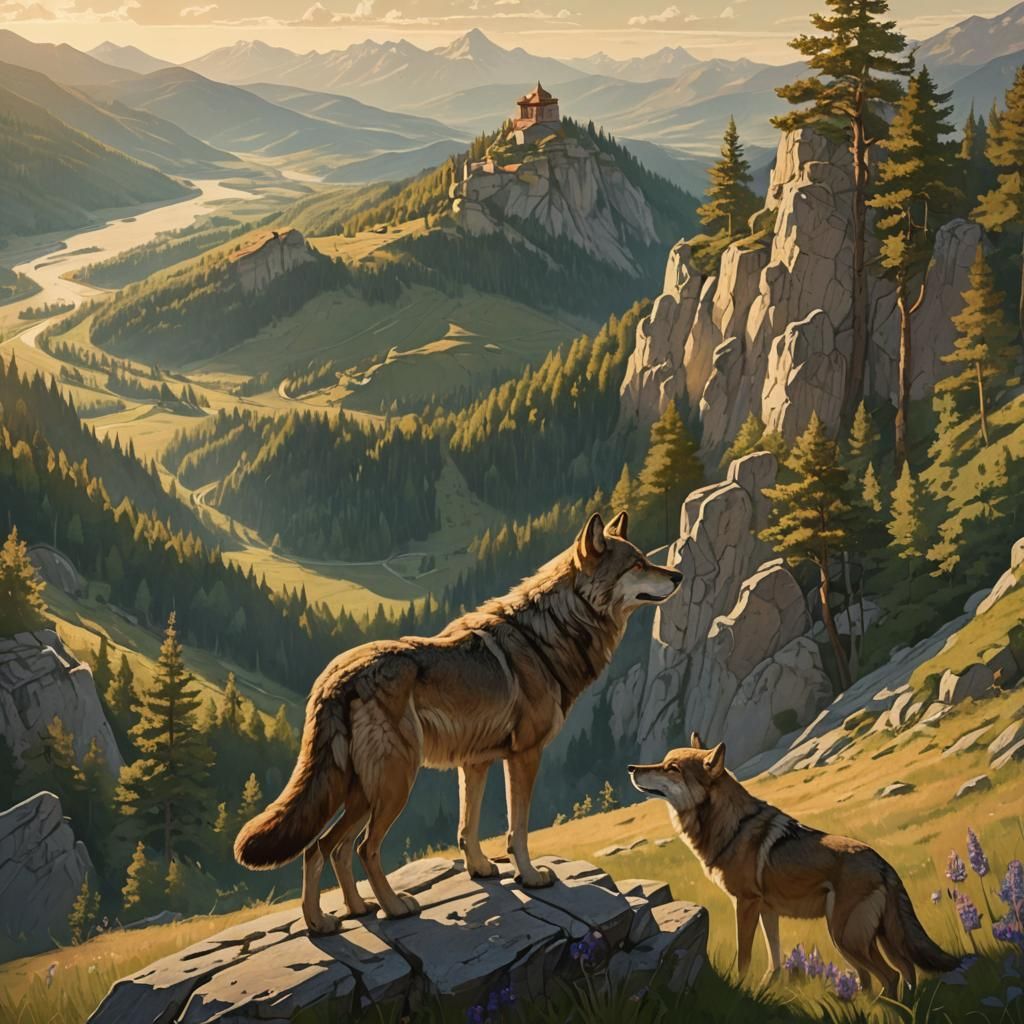 Dacian Warrior and Wolf in Mountain Landscape