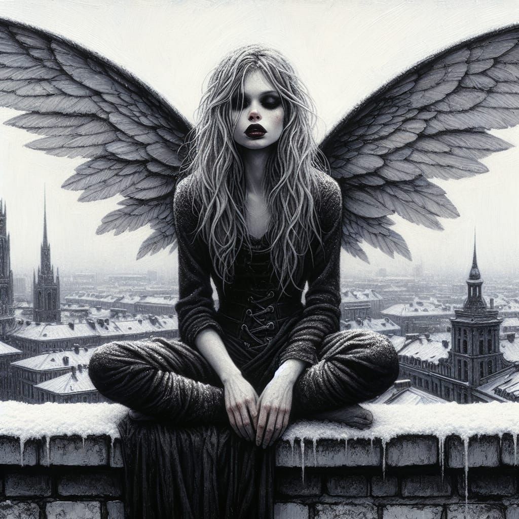 Monochromatic Fairy Overlooking Cityscape