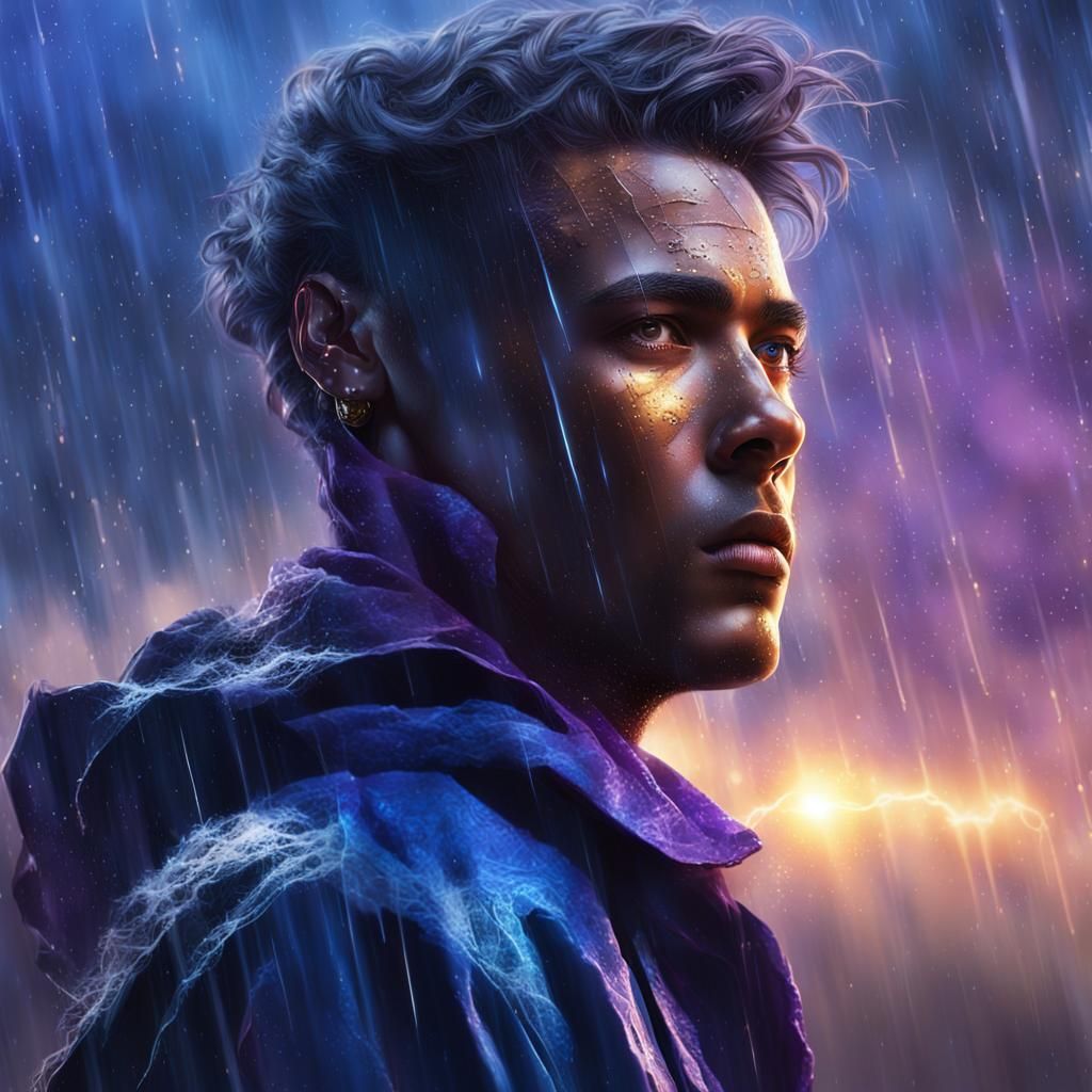 Person in Rain with Lightning: Hyperrealistic Concept Art