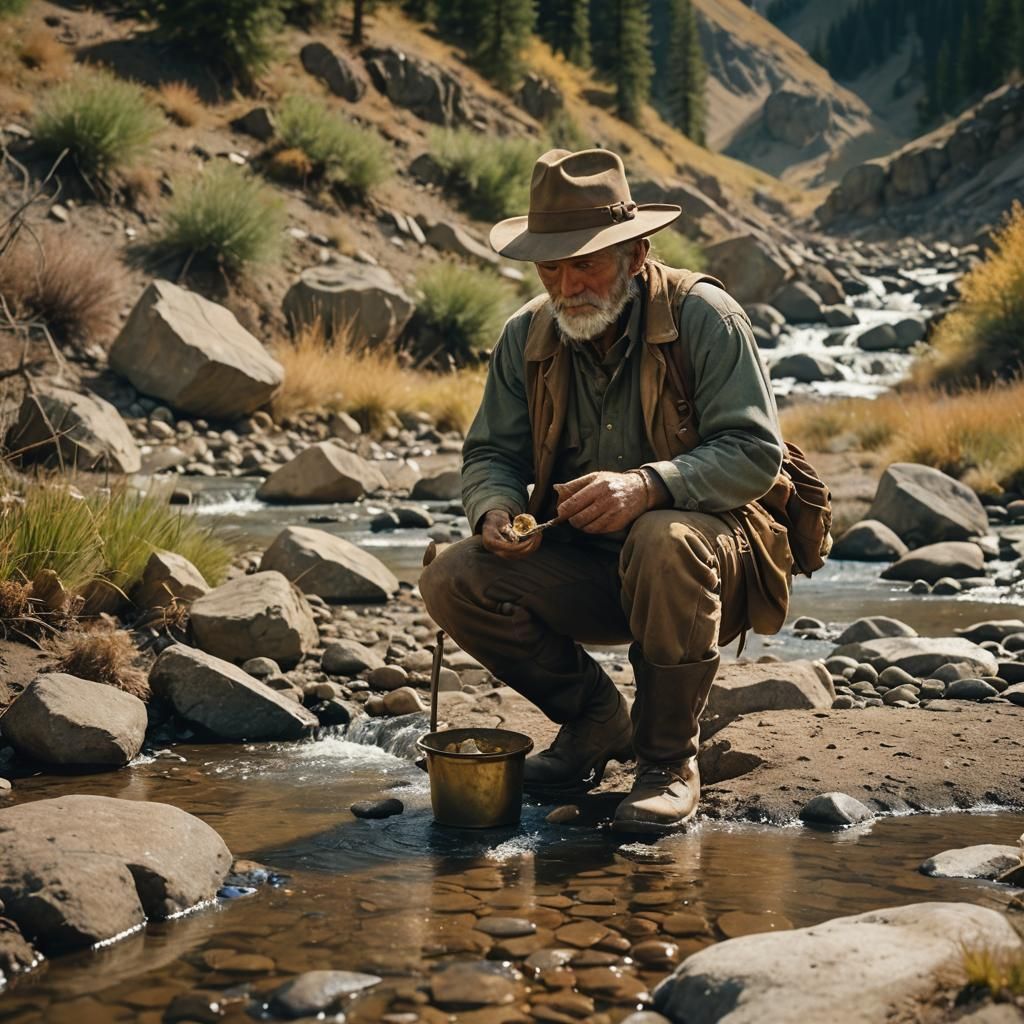 Weathered Prospector Panning for Gold in Cinematic Style