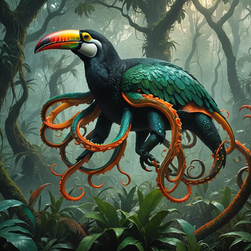 Toucan Octopus Rhino Hybrid in Jungle, Digital Art