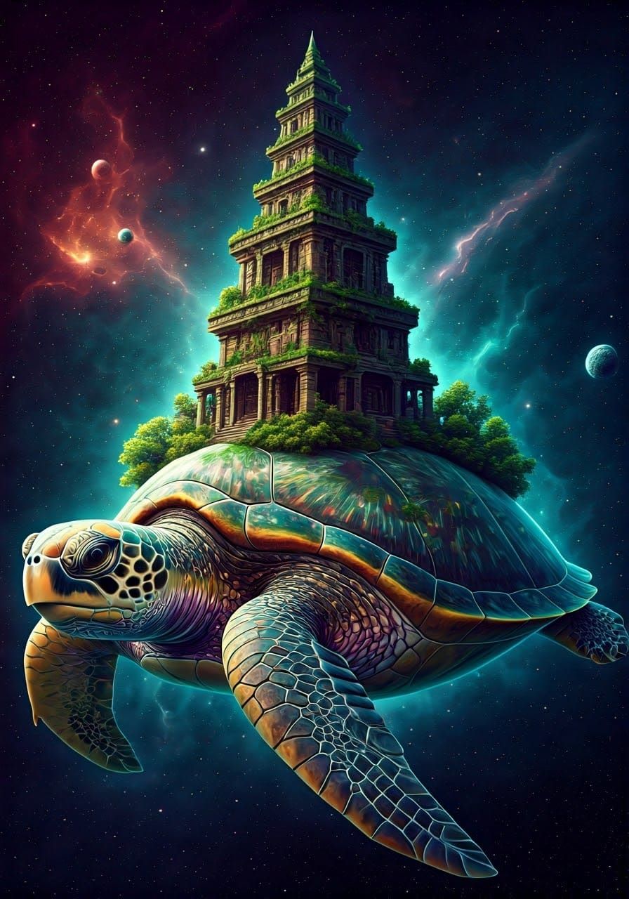 Ancient Temple on Celestial Sea Turtle in Vibrant Cosmos