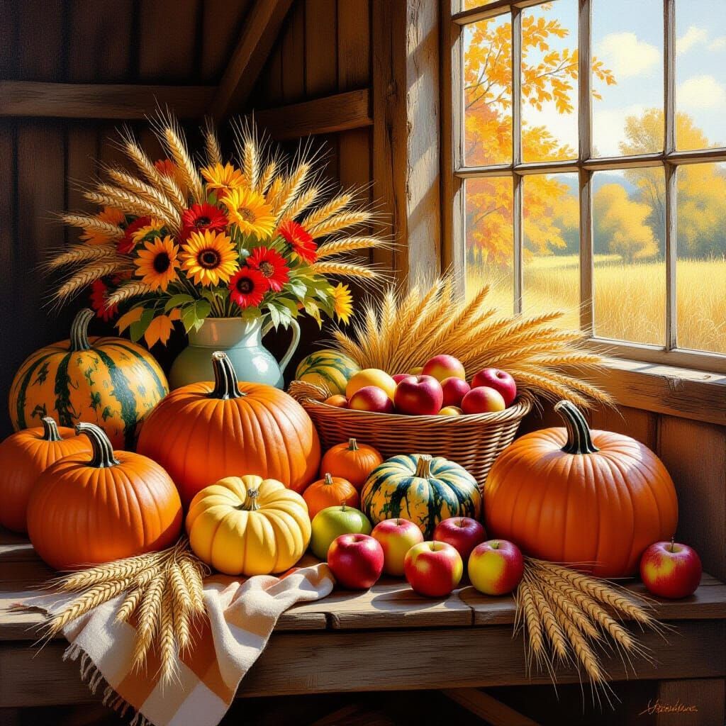 Bountiful Harvest Table in Golden Barn Light