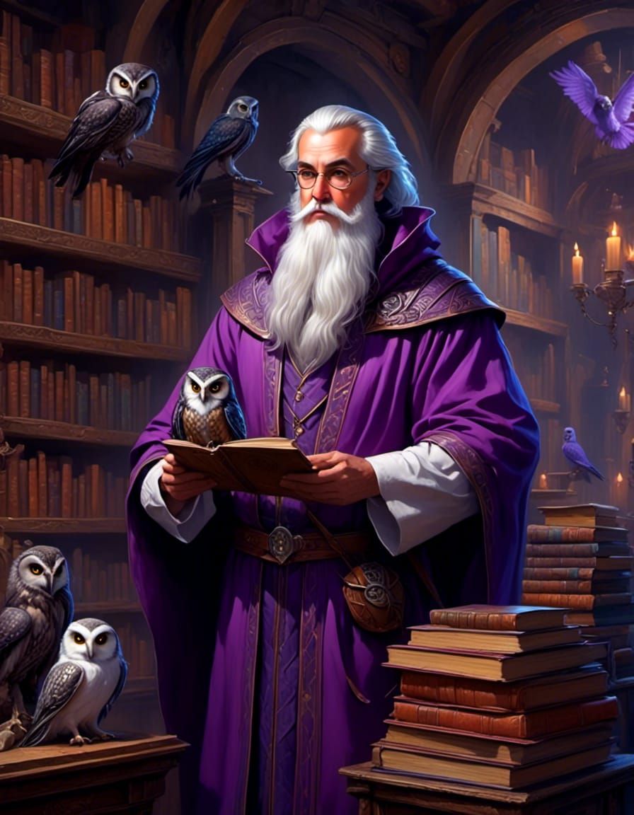 Wizard and Owl in Magical Library: Ink and Pencil Art