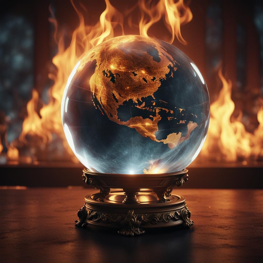 Flaming US Map in Crystal Ball, Tim Burton Style