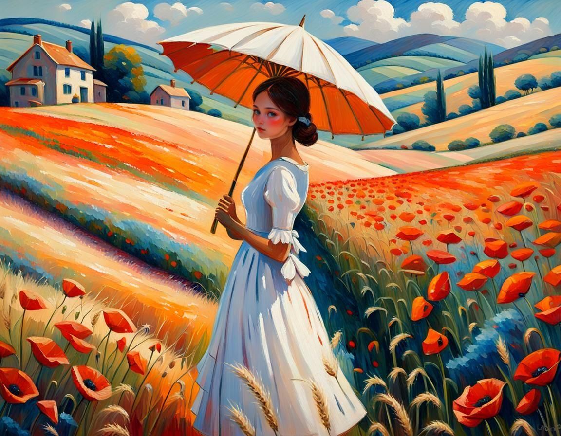 Girl with Parasol in Poppy Field, Pointillism Oil Painting