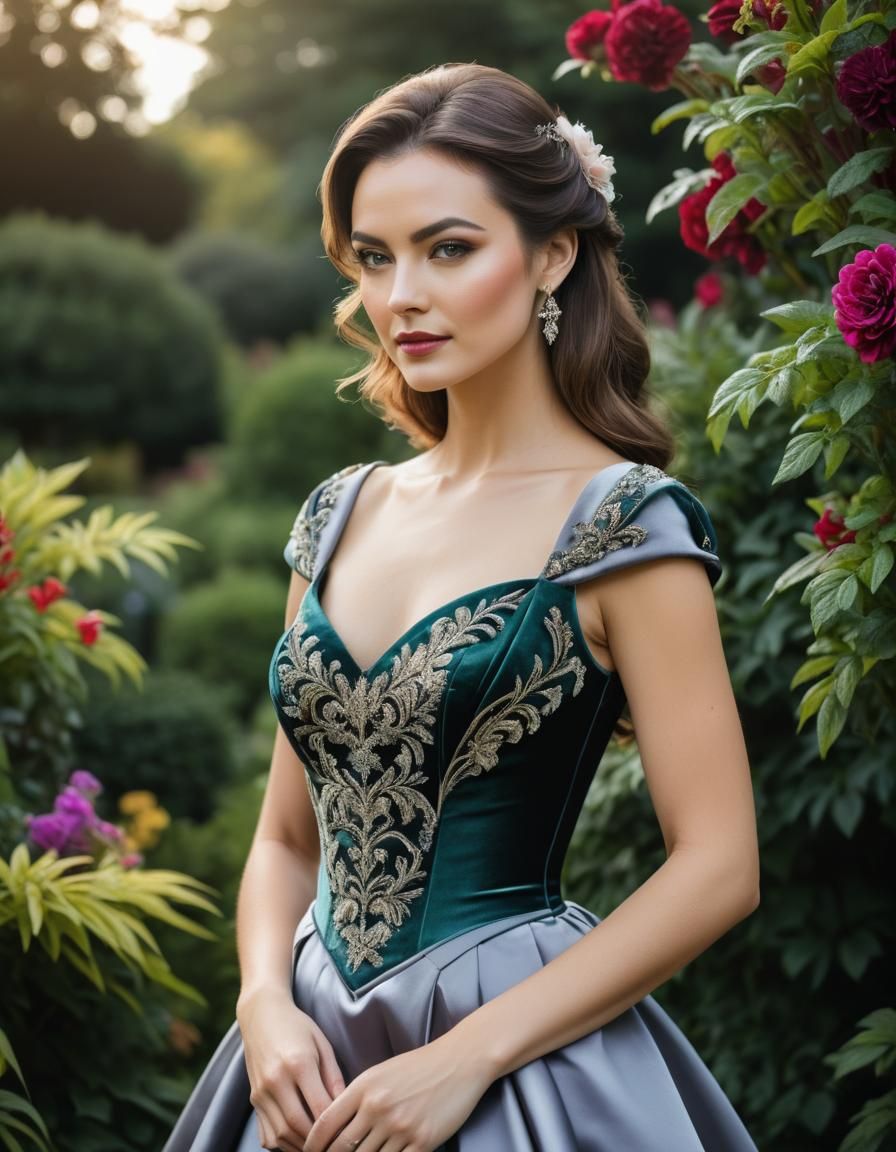 A beautiful young woman in a satin dress, intricate velvet b...