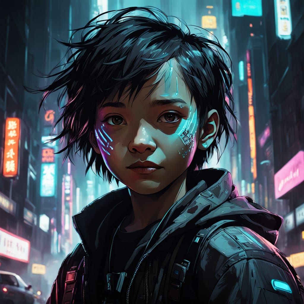 Cyberpunk Child Portrait in Digital Painting Style