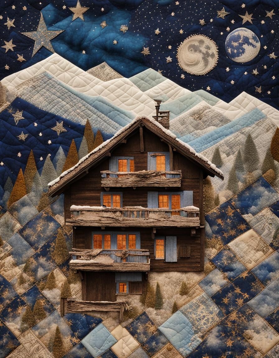 Mystical Chalet Fabric Collage in Mixed Media