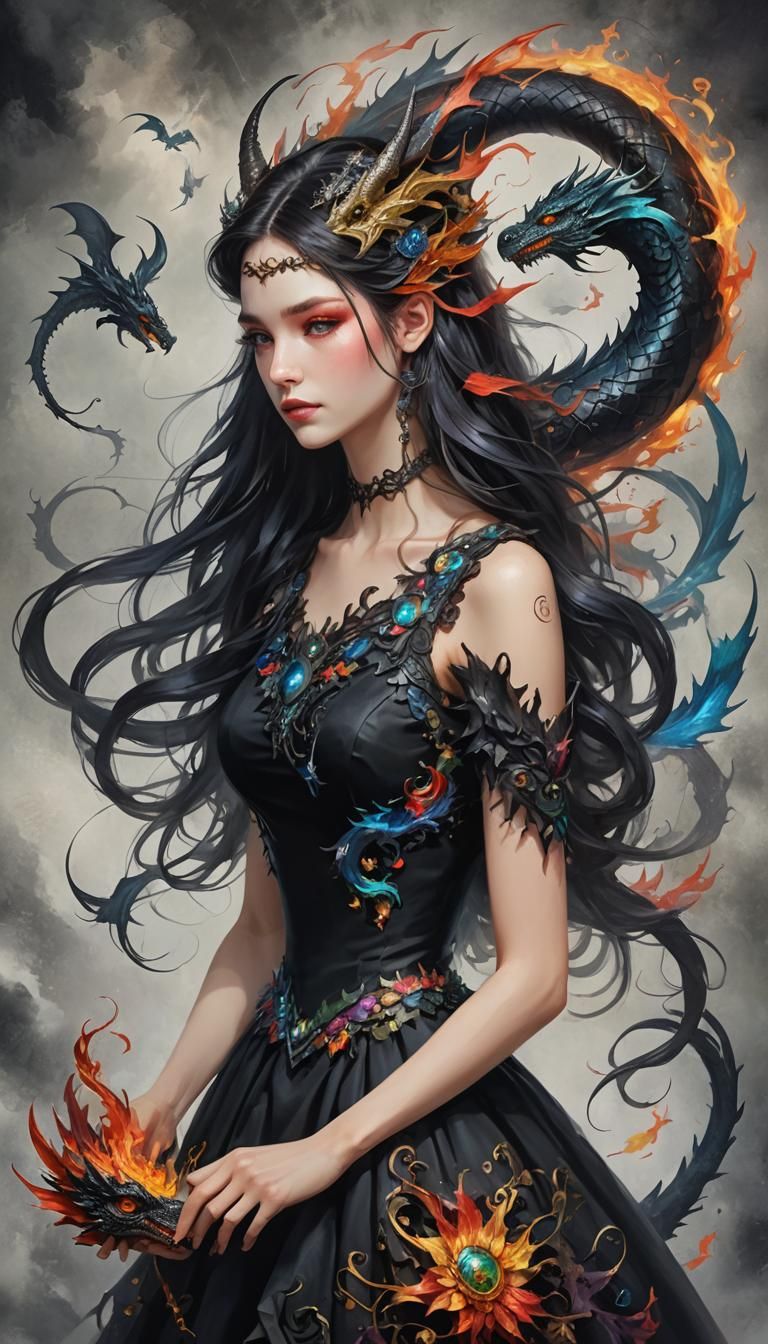 Woman with Dragons and Magic in Fantasy Style