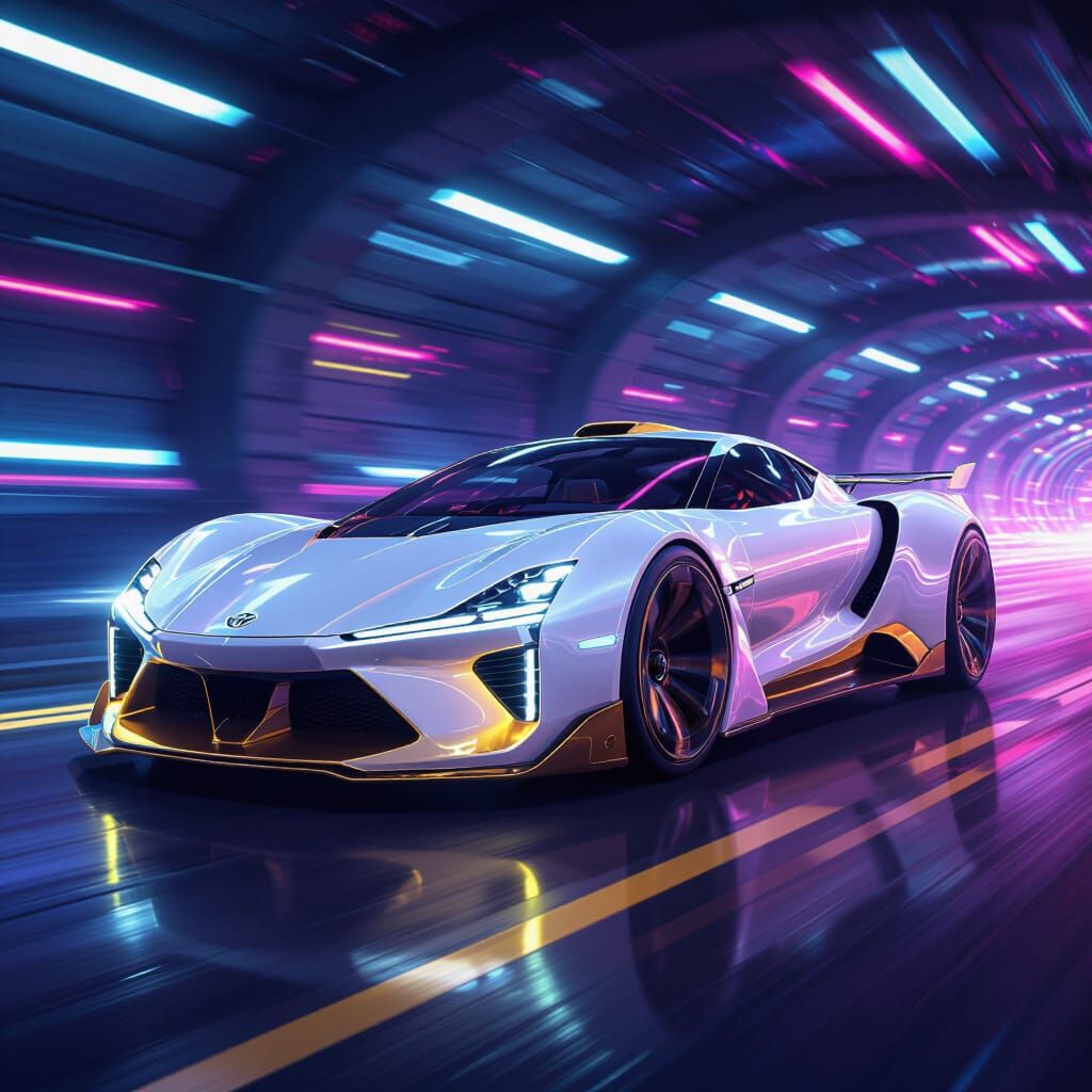 Futuristic Toyota Supercar Concept in Neon Tunnel