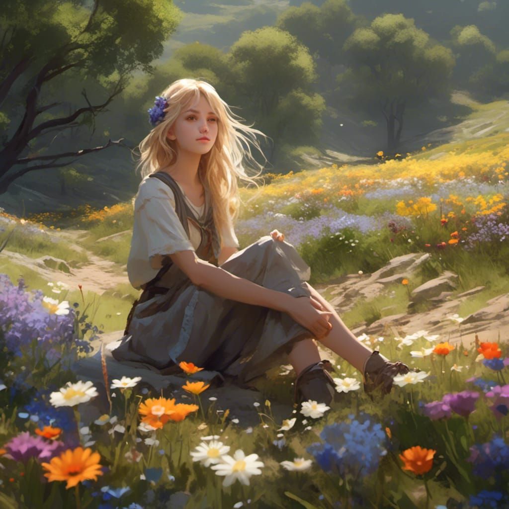 Blonde Woman in Sunny Field: 3D Anime Art