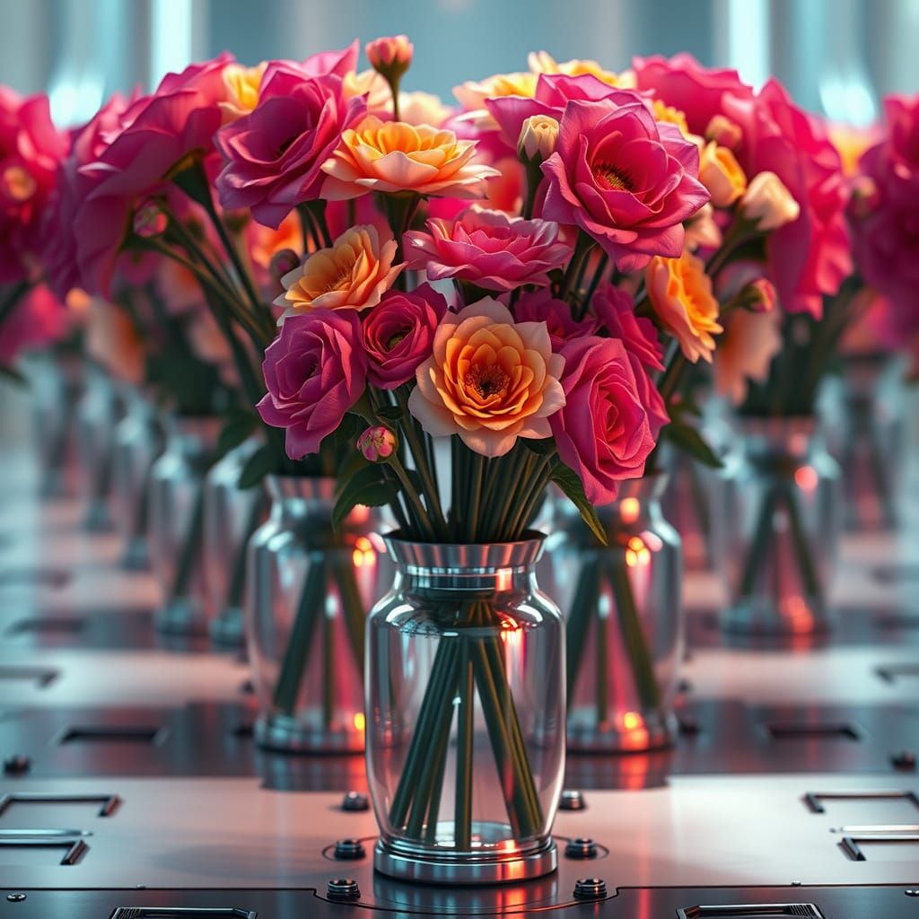 Endless Sci-Fi Bouquet Field in Surreal Style