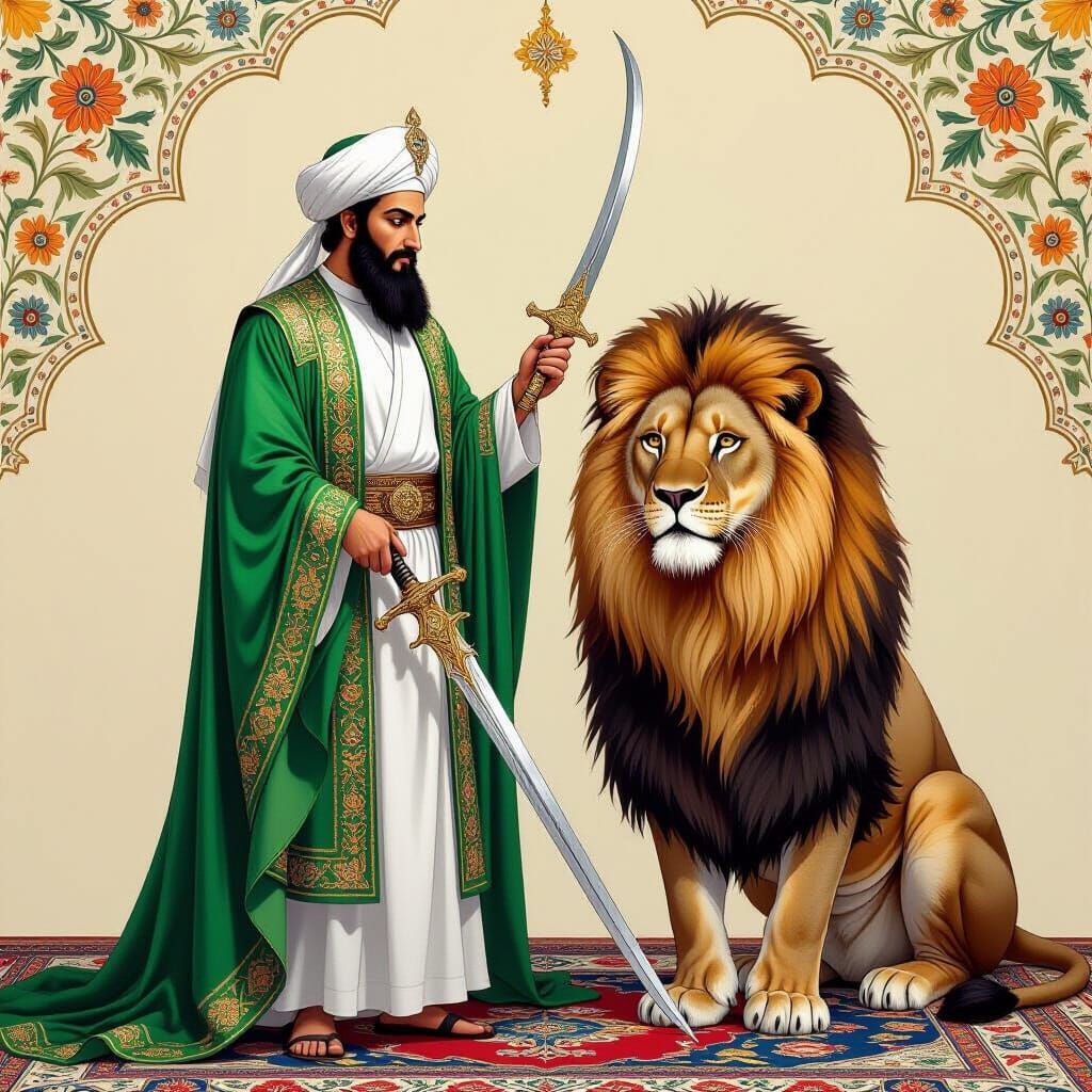 Imam Ali with Lion in Miniature Painting Style