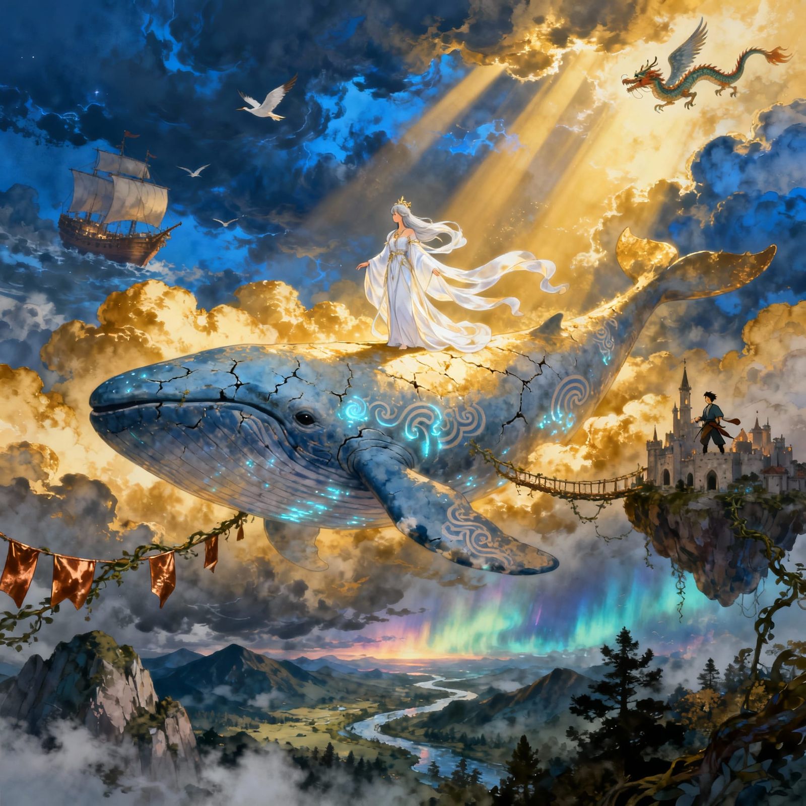Goddess on Sky Whale Over Castle, Fantasy Art