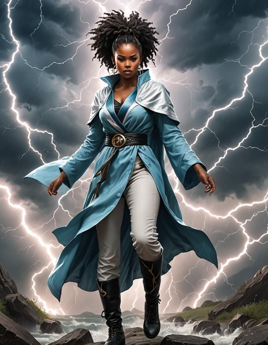 African American Druid in Stormy Landscape