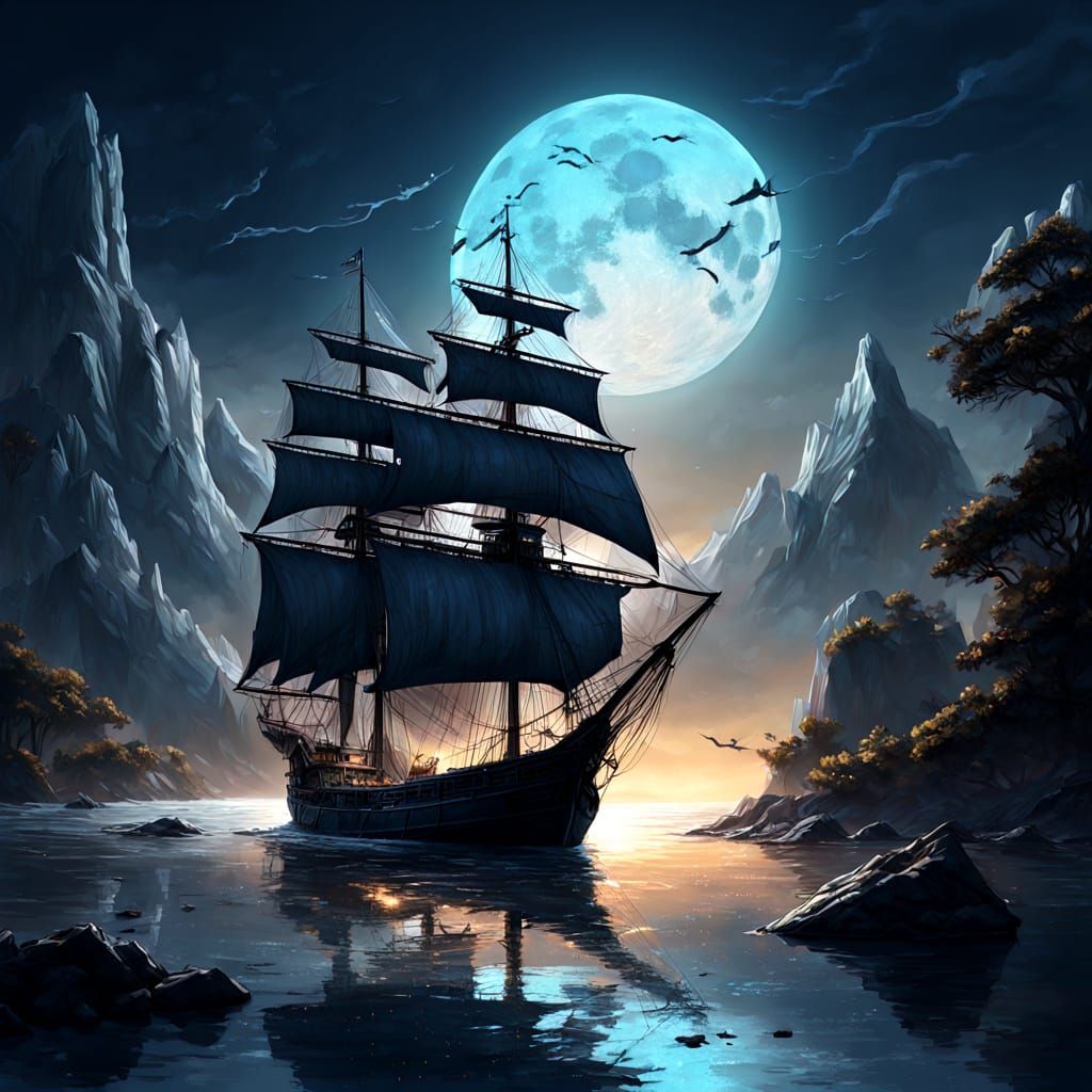 Sailboat Under Neon Moon, Impressionist Digital Art