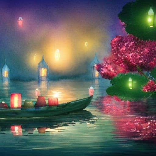 Watercolor Lanterns on Lake: Cinematic Festival Scene
