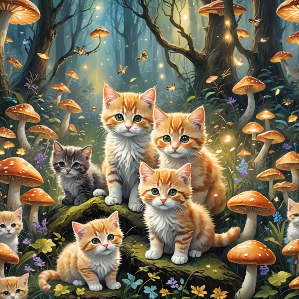 Kittens Playing in Whimsical Forest, Oil Painting