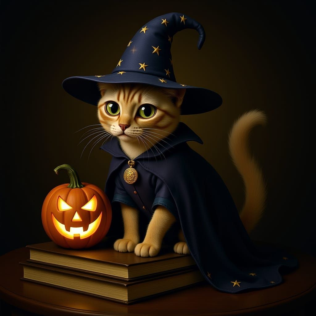 Siamese Cat Witch on Books with Jack-o'-Lantern