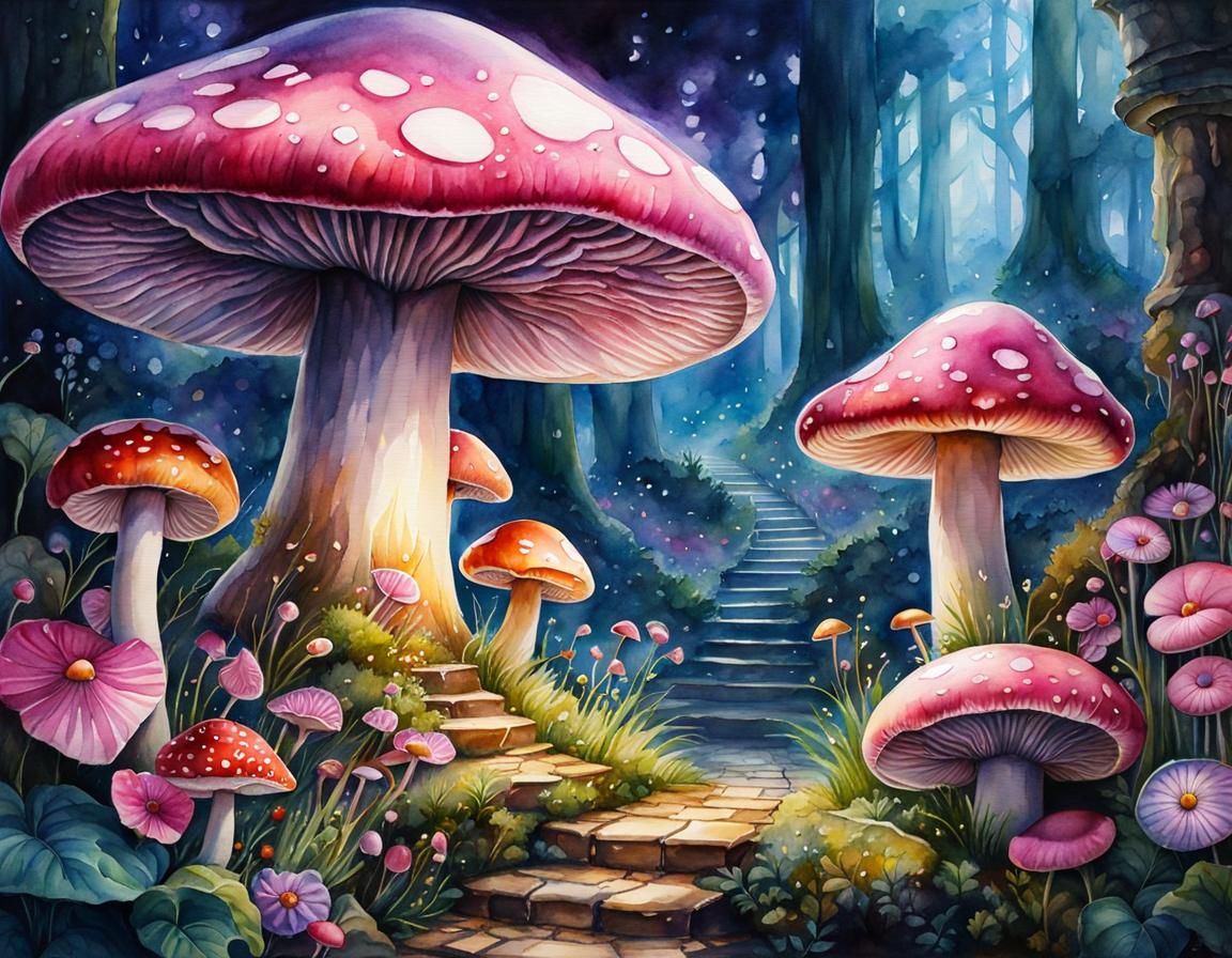 Fairycore Mushroom Kingdom in Watercolor Style